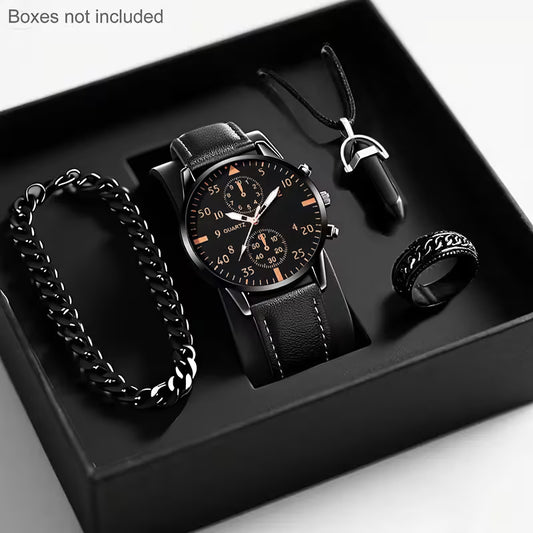 Set regalo uomo SHAARMS composto da 4 pezzi: orologio al quarzo di lusso, braccialetto, anello e collana coordinati. Elegante e raffinato, è il regalo ideale per compleanni, Natale, San Valentino e occasioni speciali.